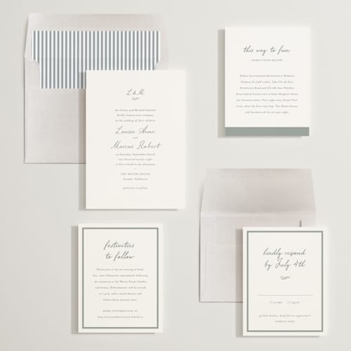 This is a sage wedding invitations with standard by Sara Hicks Malone called signature monogram printing on signature in standard