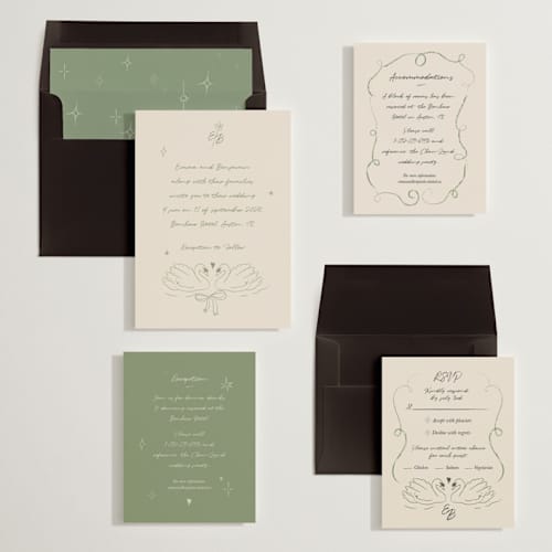 This is a olive wedding invitations with standard by Helena Vitto called the swan printing on signature in standard