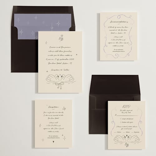 This is a lilac wedding invitations with standard by Helena Vitto called the swan printing on signature in standard