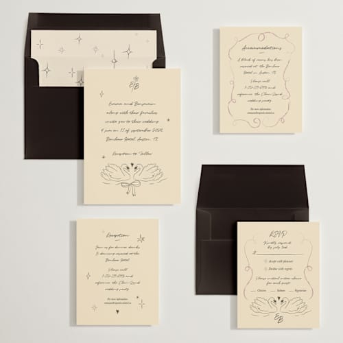 This is a vanilla wedding invitations with standard by Helena Vitto called the swan printing on signature in standard