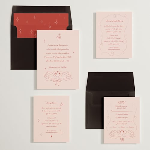 This is a ruby wedding invitations with standard by Helena Vitto called the swan printing on signature in standard