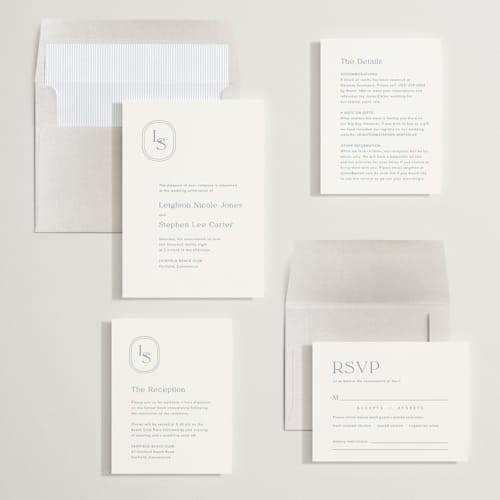 This is a lakeshore blue wedding invitations with standard by Jennifer Postorino called leighton printing on signature in standard