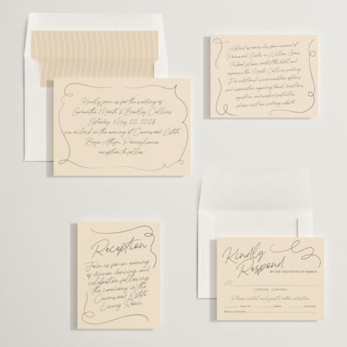 This is a champagne wedding invitations with standard by Wallace Design Co. called french whimsy script printing on signature in standard