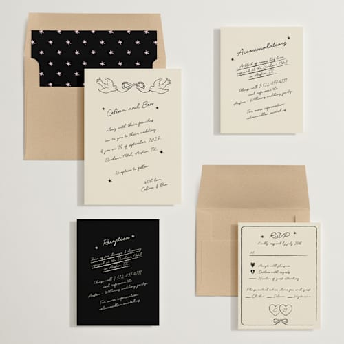 This is a noir wedding invitations with standard by Helena Vitto called the bird song printing on signature in standard