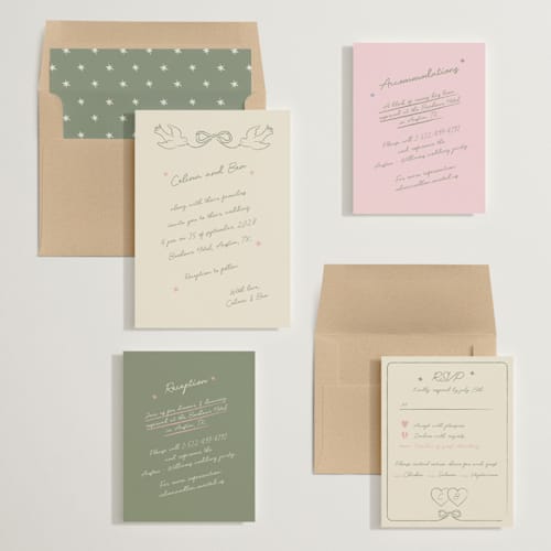 This is a sage wedding invitations with standard by Helena Vitto called the bird song printing on signature in standard
