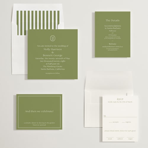 This is a moss wedding invitations with standard by Megan Davis called perriand printing on signature in standard