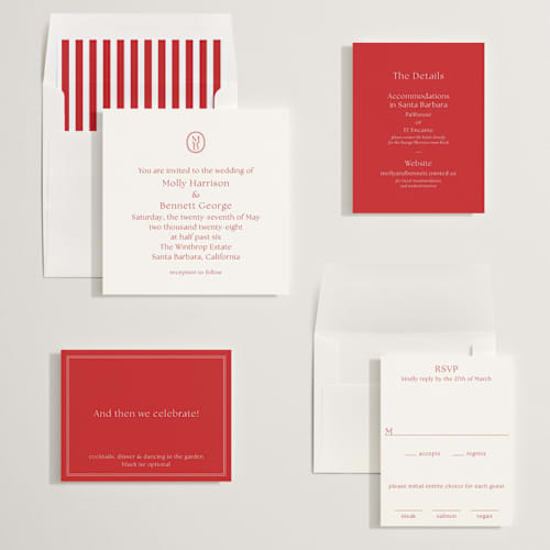 This is a cherry wedding invitations with standard by Megan Davis called perriand printing on signature in standard