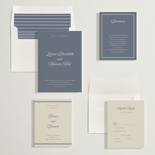 This is a french blue wedding invitations with standard by Nicoletta Savod called ritzy printing on signature in standard