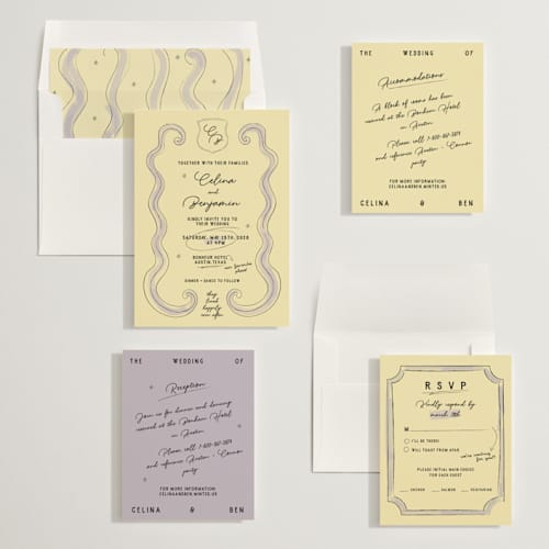 This is a lilac wedding invitations with standard by Helena Vitto called modern fairy tale printing on signature in standard