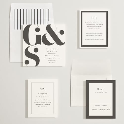 This is a charcoal wedding invitations with standard by Lori Wemple called monogram square printing on signature in standard