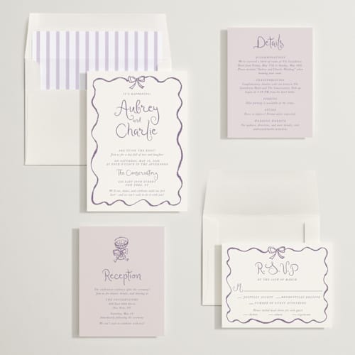 This is a lavender wedding invitations with standard by Cass Loh called quirky fun printing on signature in standard
