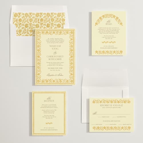 This is a butter wedding invitations with standard by Jenna Holcomb called embroidered printing on signature in standard