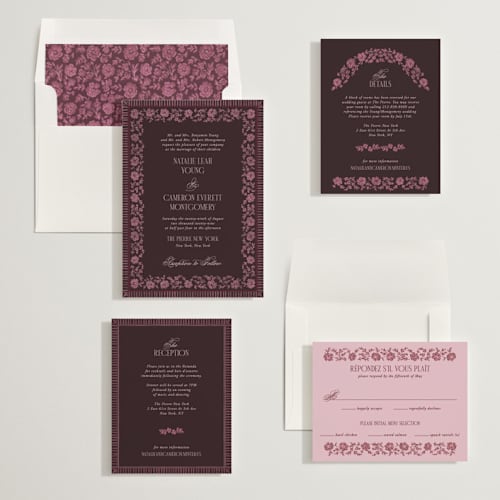 This is a burgundy wedding invitations with standard by Jenna Holcomb called embroidered printing on signature in standard