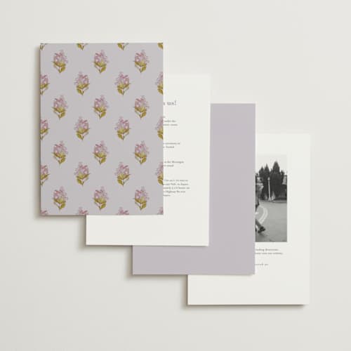 This is a violet wedding invitations with standard by Olivia Kanaley Inman called blockprint printing on signature in standard