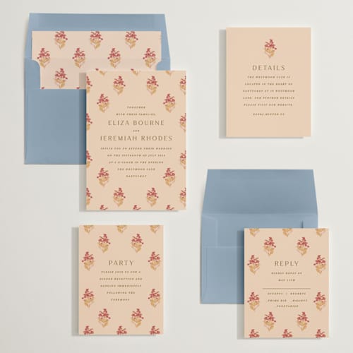 This is a sunset wedding invitations with standard by Olivia Kanaley Inman called blockprint printing on signature in standard