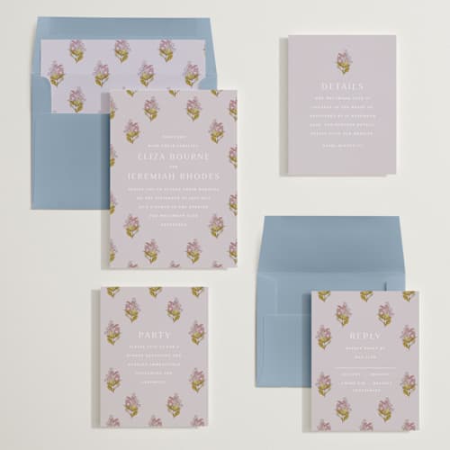 This is a violet wedding invitations with standard by Olivia Kanaley Inman called blockprint printing on signature in standard