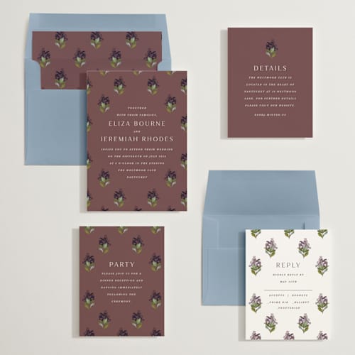 This is a merlot wedding invitations with standard by Olivia Kanaley Inman called blockprint printing on signature in standard
