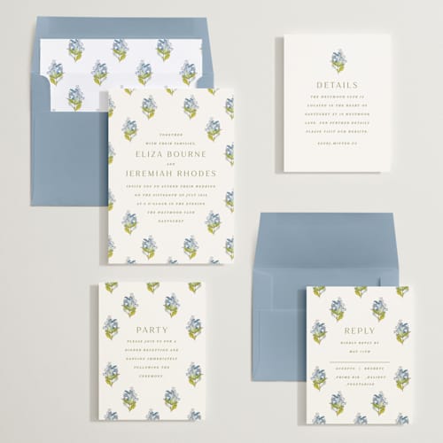 This is a bluebell wedding invitations with standard by Olivia Kanaley Inman called blockprint printing on signature in standard