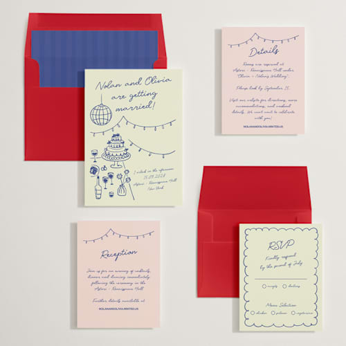 This is a disco blue wedding invitations with standard by Zove Ahhh called party on! printing on signature in standard