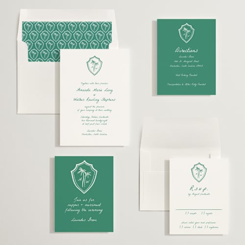 This is a palm wedding invitations with standard by Erika Firm called palm tree crest printing on signature in standard