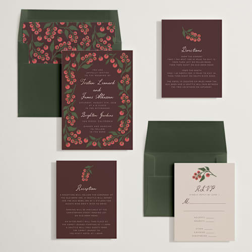This is a plum wedding invitations with standard by Katharine Watson called cherry tomatoes printing on signature in standard