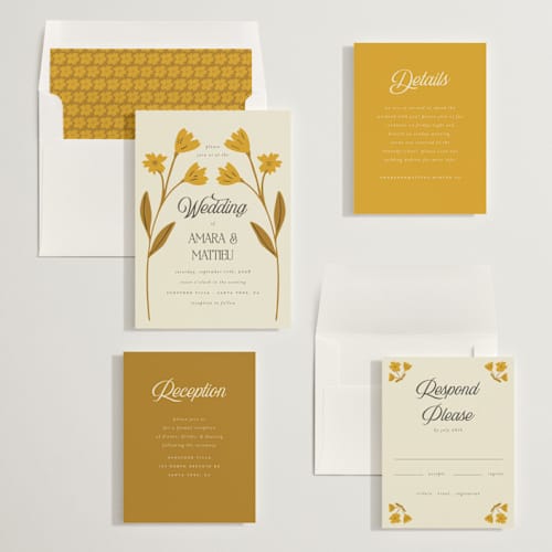 This is a yolk wedding invitations with standard by Morgan Kendall called vintage wildflowers printing on signature in standard
