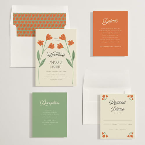This is a coral wedding invitations with standard by Morgan Kendall called vintage wildflowers printing on signature in standard