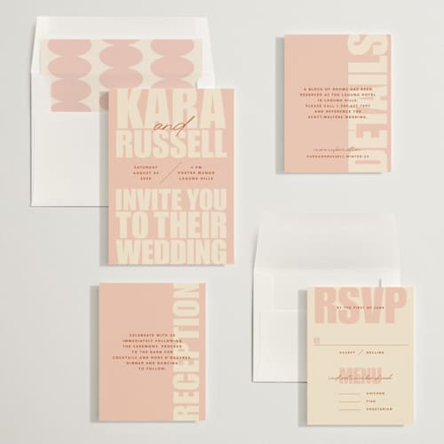 This is a blush wedding invitations with standard by Stacey Day called typographical poster printing on signature in standard
