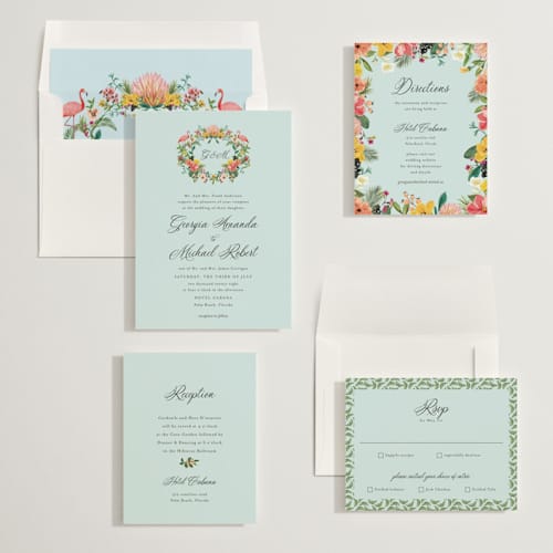 This is a papaya wedding invitations with standard by Susan Moyal called tropical crest printing on signature in standard