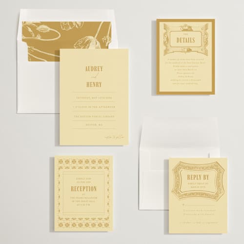 This is a butter wedding invitations with standard by Nazia Hyder called vintage label printing on signature in standard