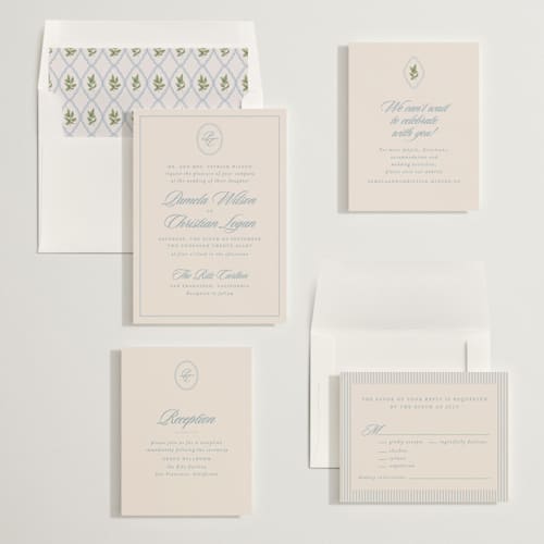 This is a powder blue wedding invitations with standard by Creo Study called scripted printing on signature in standard