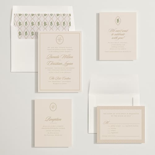 This is a almond wedding invitations with standard by Creo Study called scripted printing on signature in standard