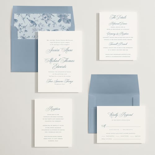 This is a dusty blue wedding invitations with standard by Jennifer Postorino called empire printing on signature in standard