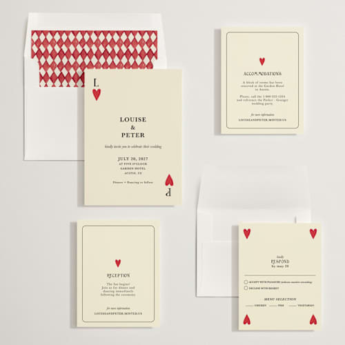 This is a champagne wedding invitations with standard by Helena Vitto called red hearts printing on signature in standard
