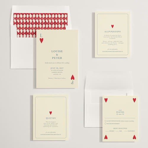This is a dream wedding invitations with standard by Helena Vitto called red hearts printing on signature in standard