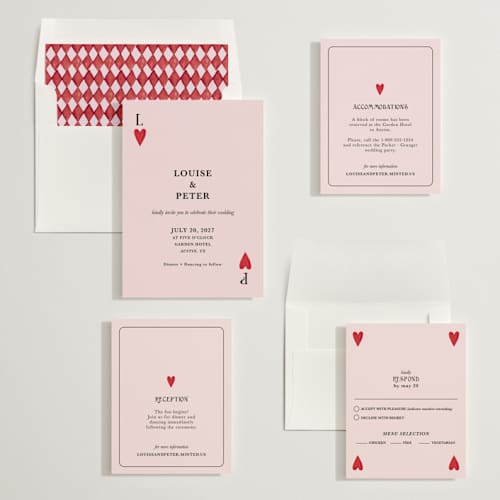 This is a dusty rose wedding invitations with standard by Helena Vitto called red hearts printing on signature in standard