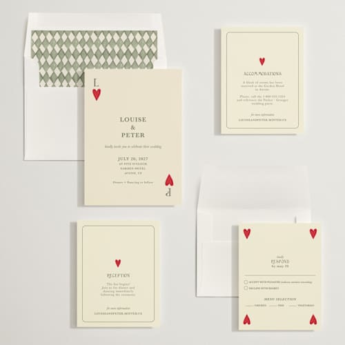 This is a olive wedding invitations with standard by Helena Vitto called red hearts printing on signature in standard