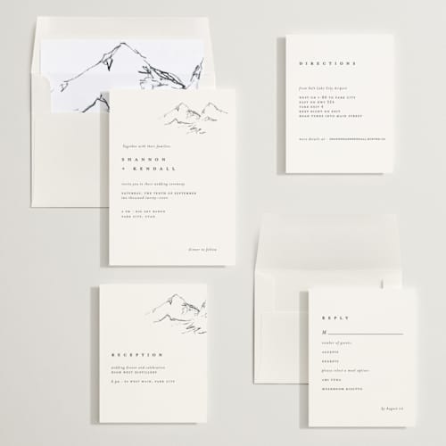 This is a snow wedding invitations with standard by Mere Paper called sketched mountains printing on signature in standard