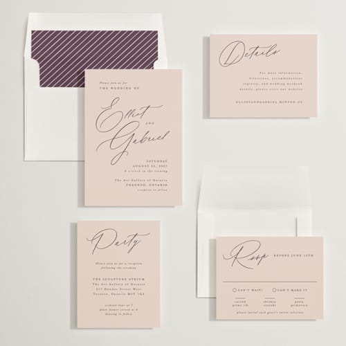 This is a dusty rose wedding invitations with standard by Hooray Creative called scripted names printing on signature in standard