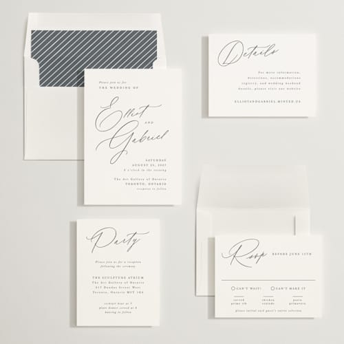 This is a pearl wedding invitations with standard by Hooray Creative called scripted names printing on signature in standard