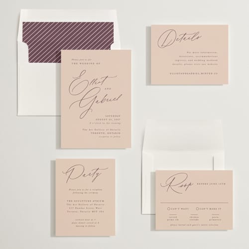 This is a apricot wedding invitations with standard by Hooray Creative called scripted names printing on signature in standard