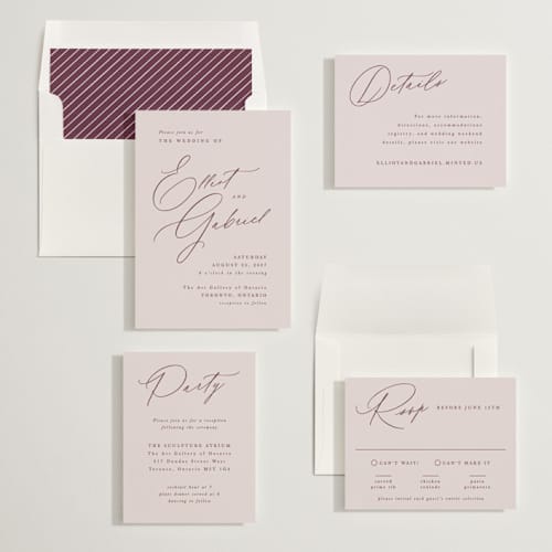 This is a orchid wedding invitations with standard by Hooray Creative called scripted names printing on signature in standard
