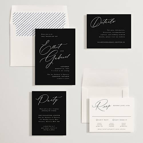This is a onyx wedding invitations with standard by Hooray Creative called scripted names printing on signature in standard