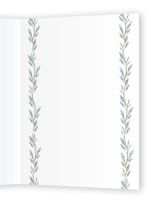This is a lavender sympathy cards with standard by Sarah Rosenthal called wisteria printing on signature in greeting cards