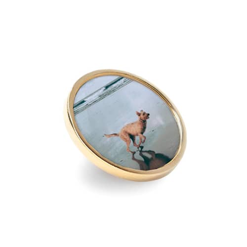 This is a gold all gifts by Kimbra Designs called custom lapel pin round gold in standard