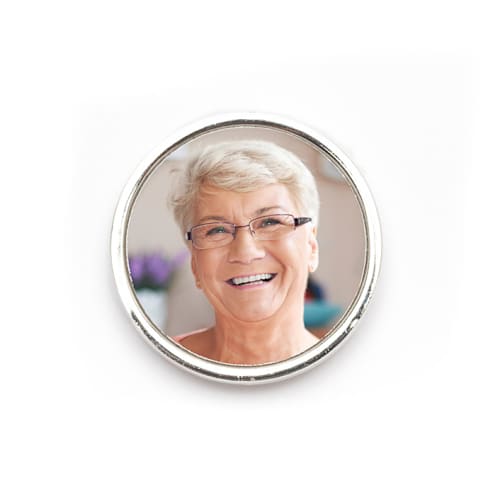 This is a silver all gifts by Kimbra Designs called custom lapel pin silver round in standard