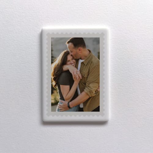 This is a white all gifts by Holly Whitcomb called custom ceramic photo magnet: postage stamp in standard