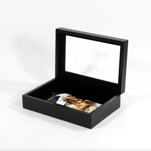 This is a black wedding gifts by Soulmatebox called personalized wedding keepsake memories storage box with glass cover - black in standard