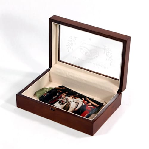 This is a brown wedding gifts by Soulmatebox called personalized wedding keepsake memories storage box with glass cover in standard