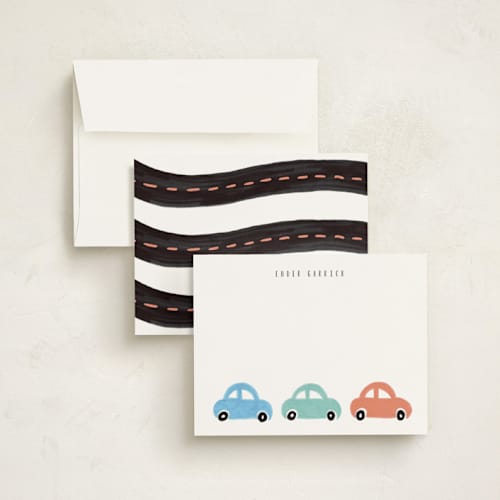 This is a rust kids thank you cards notes with standard by Angela Garrick called beep beep printing on signature in standard